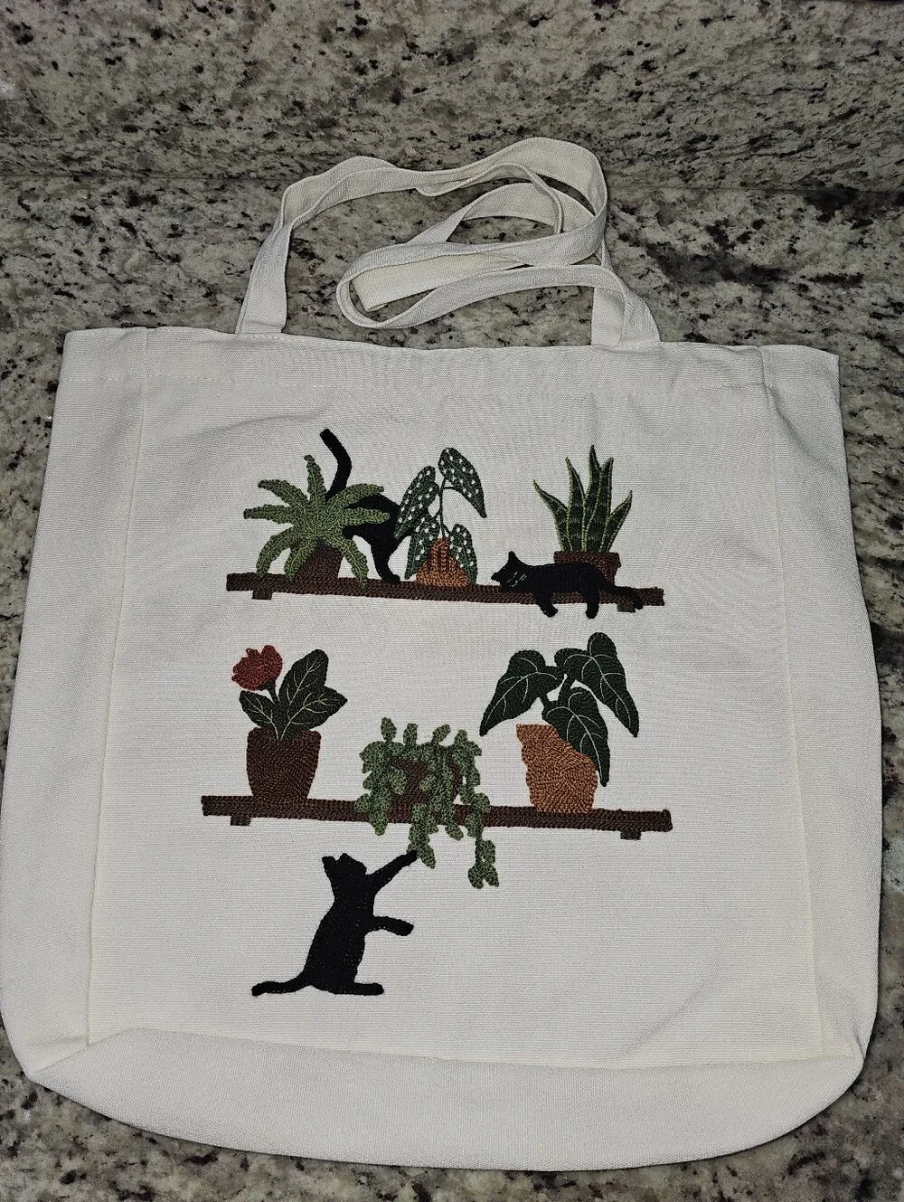 Cats & Plants Embroidered Textile Art Cottage Core Reusable Shopper Tote